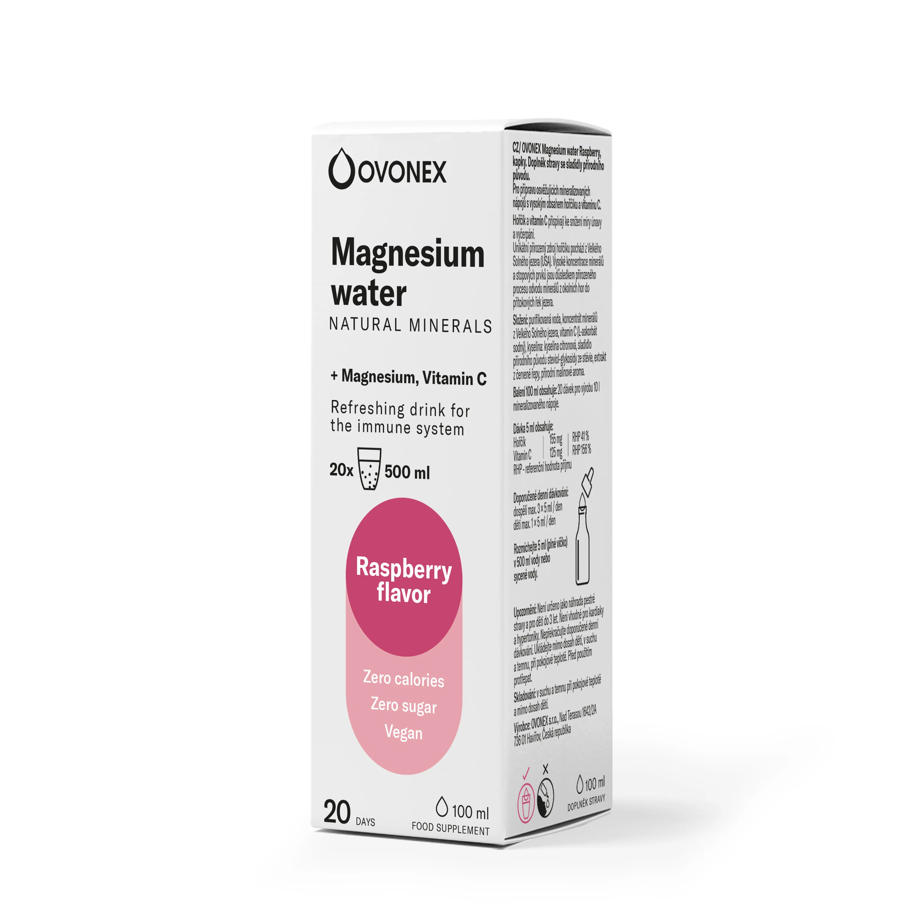 kapky OVONEX Magnesium water Raspberry 20 x 500 ml