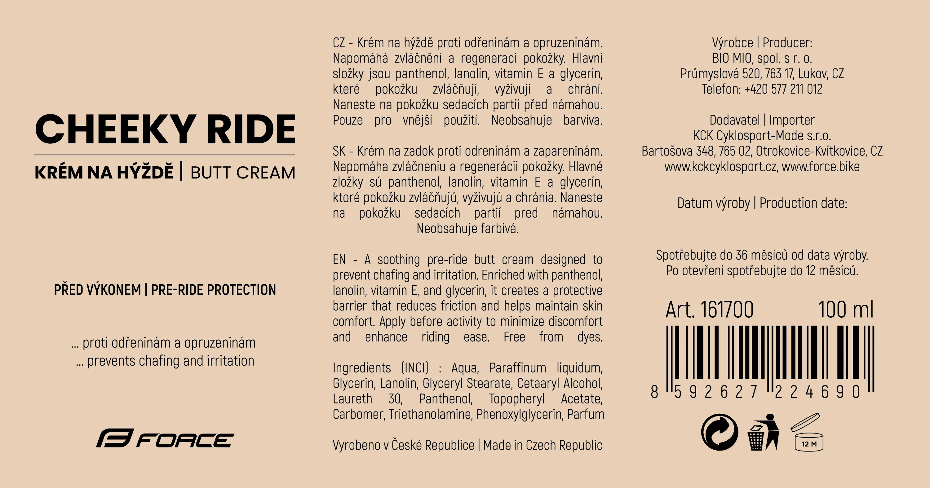 krém na hýždě FORCE CHEEKY RIDE, tuba 100 ml